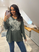 Khaki Rose Design Knit Top Tilly